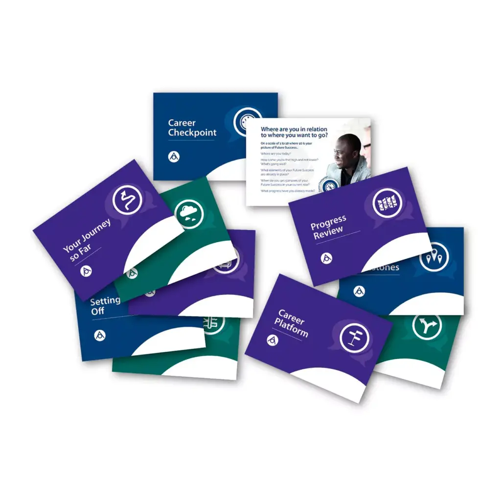 The Career Conversation Toolkit features a set of colourful, scattered cards labelled with titles like "Career Checkpoint," "Progress Review," and "Your Journey So Far.
