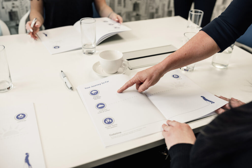 Two people sit at a white table with Antoinette Oglethorpe's Career Compass workbook open on the table, glasses of water, and a cup. One person points to a page in the open booklet, indicating a section with icons and text. Another person holds a pen, ready to start completing the workbook after reflecting on their career journey so far and aspirations