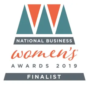Logo for the National Business Women's Awards 2019 Finalist, featuring three teal triangles above the award name in teal and orange text.