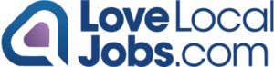 Logo for LoveLocalJobs.com featuring a stylised heart shape in blue and purple on the left, with the website name in bold blue text to the right.