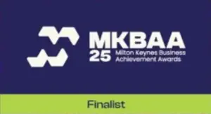 Logo for the Milton Keynes Business Achievement Awards with "MKBAA 25" and "Finalist" text on a blue and green background.