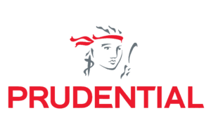 Prudential logo featuring a stylised greyscale outline of a woman's face with a red hairband above the bold red text 