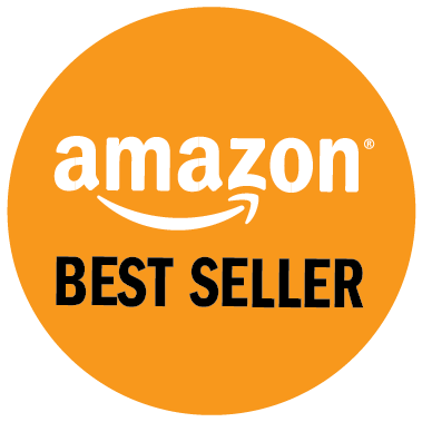 An orange circle with the Amazon logo and the words 