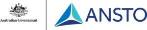 Australian Government crest and ANSTO logo with a blue geometric triangle symbol beside the text 
