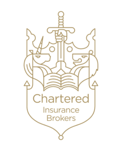 Gold outline logo featuring a sword, a unicorn, a lion, an open book, and a crown above the words “Chartered Insurance Brokers.” The design is elegant and minimalistic on a white background.