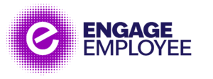 Logo featuring a stylised white "E" inside a purple circle made of halftone dots, with the words "Engage Employee" in bold, dark blue uppercase letters to the right.