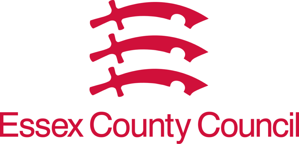 The Essex County Council logo features three red seaxes (curved swords) arranged horizontally above the words 