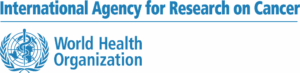 Logo and text for the International Agency for Research on Cancer and the World Health Organisation, featuring the WHO emblem with a staff and snake over a world map.