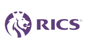 The image shows the RICS logo, featuring a stylised purple lion's head with a crown inside a circle, next to the bold purple letters 