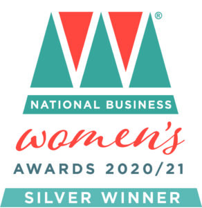 Logo for the National Business Women's Awards 2020/21 featuring teal triangles, with 