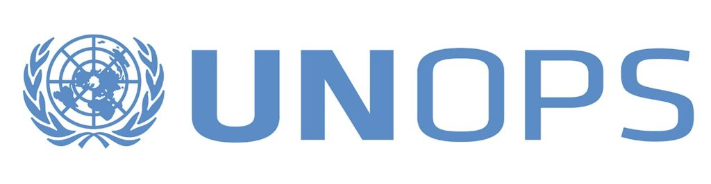 The image shows the UNOPS logo, featuring the United Nations emblem—a world map surrounded by olive branches—next to the blue text 