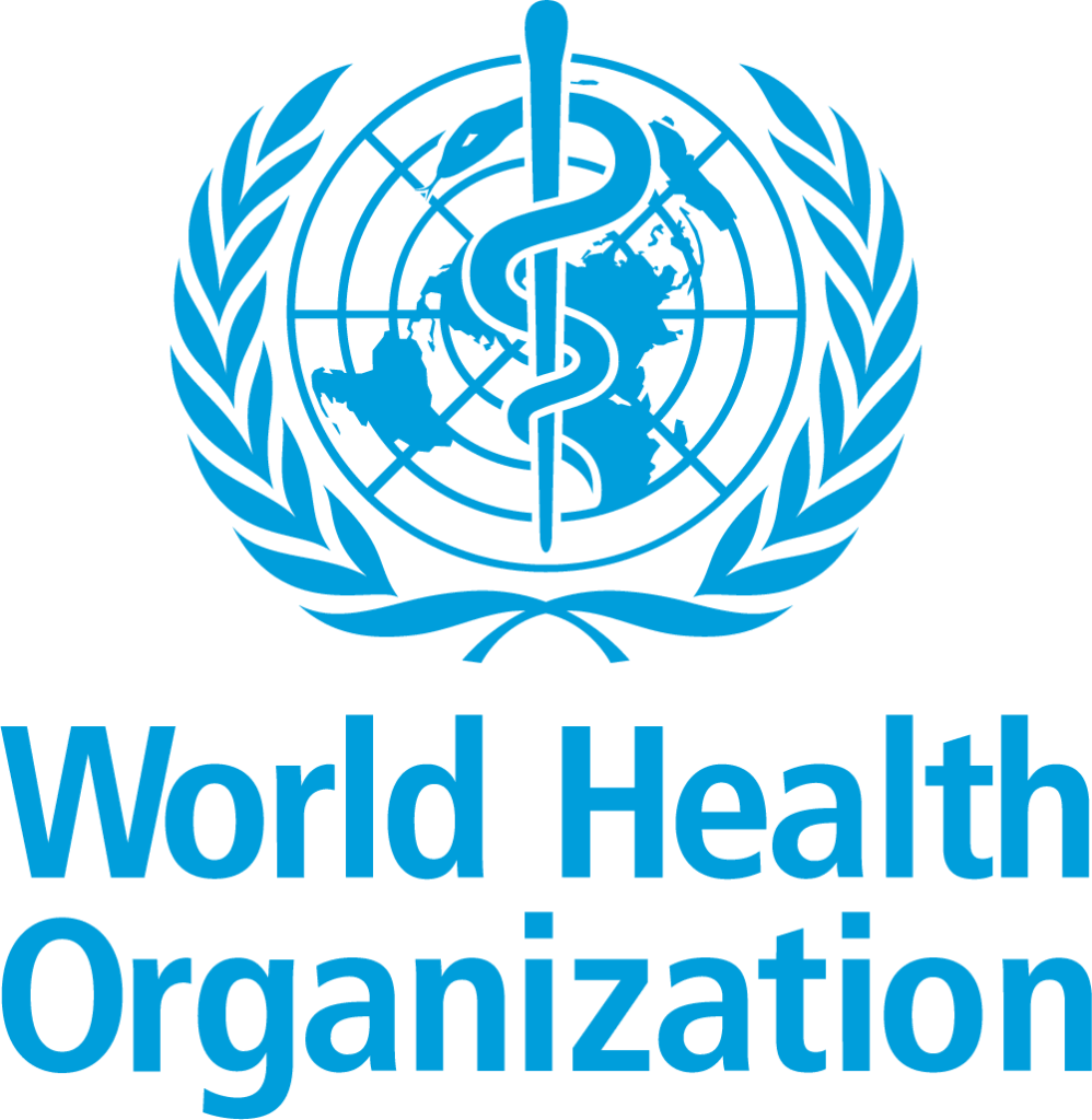 World Health Organisation logo: blue emblem with a globe, a vertical staff with a snake (Rod of Asclepius) in the centre, surrounded by olive branches. 
