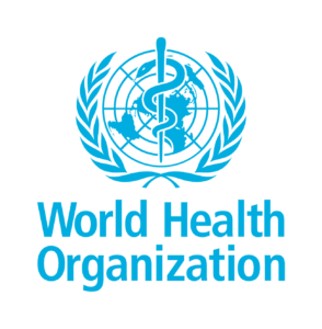 The World Health Organisation logo, featuring a globe with a staff and serpent symbol overlaid, surrounded by olive branches, with the text 