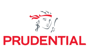 Prudential logo featuring a stylised outline of a woman's face with flowing hair and a red headband above the word 