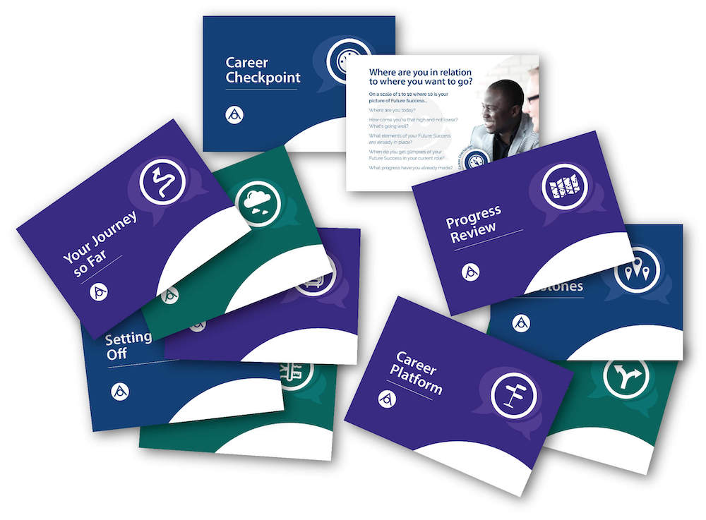 A collection of career development cards, each with different titles such as 